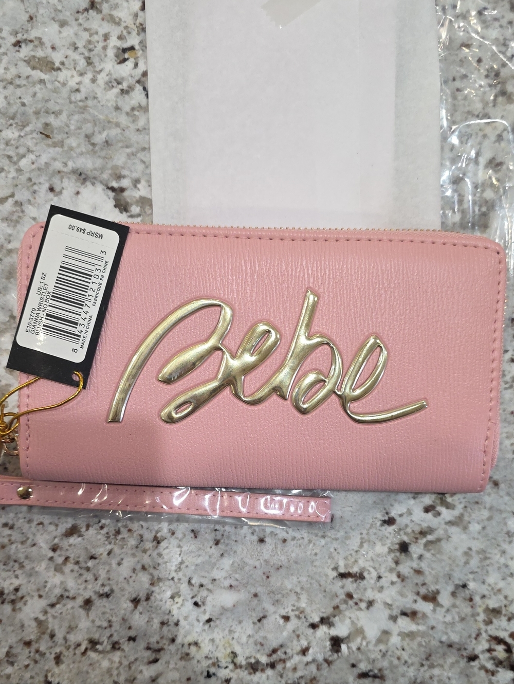 bebe Pink Faux-Leather Wristlet Clutch with Gold Logo